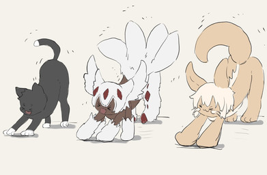 3_toes 4_arms :3 >_< all_fours ambiguous_gender anthro ass_up big_ears black_body black_fur blonde_hair chibi dark_body dark_skin dipstick_tail eyes_closed feet feral fluffy fur group hair hindpaw kemono leg_markings mane markings multi_arm multi_limb multi_tail multicolored_body multicolored_fur multicolored_tail nude open_mouth open_smile paws simple_background smile socks_(marking) stretching tail tail_markings tan_body tan_fur toes two_tone_body two_tone_fur white_background white_body white_fur tsukiya_(rajx3523) made_in_abyss faputa nanachi animal_humanoid arthropod arthropod_humanoid domestic_cat felid feline felis humanoid lagomorph mammal narehate hi_res
