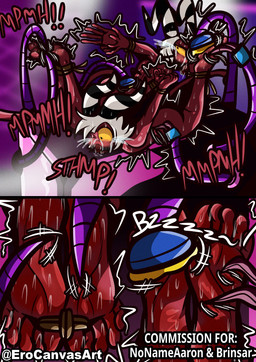 5_fingers 5_toes arms_tied ball_gag bdsm black_eyes blush bodily_fluids body_blush bound brushing_feet covered_mouth crying crying_laughing duo facial_hair feet fingers foot_blush foot_fetish foot_focus furniture gag gagged hair horn laugh legs_tied long_mustache male male/male muffled muffled_moaning muffled_screaming mustache nude_male one_eye_closed red_body restraints saliva saliva_on_floor soles table tears text tickle_fetish tickle_torture tickling tickling_machine toe_restraints toes toes_tied white_hair yellow_sclera cabimangaka erocanvasart hellaverse helluva_boss moxxie_(helluva_boss) wally_wackford demon humanoid imp absurd_res commissioner_name digital_media_(artwork) english_text hi_res shaded signature