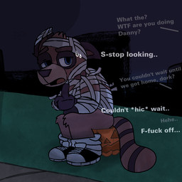 ambiguous_gender anthro asking_another blue_eyes brown_body brown_fur clothing costume dialogue drunk duo ellipsis food footwear fruit fur gesture grass halloween_costume hand_gesture holidays implied_pooping improvised_toilet jack-o'-lantern male male_pooping markings middle_finger mummy_costume mummy_wrappings name_in_dialogue narrowed_eyes night offscreen_character open_mouth outside plant pooping profanity public_pooping pumpkin shoes sitting sitting_on_pumpkin speech_bubble striped_body striped_fur striped_markings striped_tail stripes substance_intoxication tail tail_markings talking_to_another text danfitz29 halloween danny_tanuki canid canine mammal raccoon_dog tanuki 1:1 english_text signature