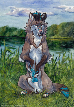 animal_genitalia animal_penis balls black_horn blue_body blue_eyes blue_fur blue_markings blue_penis brown_body brown_fur canine_genitalia canine_penis cheek_tuft cloud dipstick_ears ear_markings ear_piercing erection facial_piercing facial_tuft fangs feral front_view fur gauged_ear genital_piercing genitals glistening glistening_eyes grass horn knot knotted_penis lip_piercing lip_stud male male_feral markings masturbation mouth_closed multicolored_ears multiple_piercings neck_tuft penile penile_masturbation penis penis_piercing piercing plant prince_albert_piercing ridged_knotted_penis ridged_penis sheath sitting sky solo teeth text tuft white_balls white_body white_fur heatherwolf canid canine mammal url