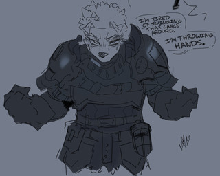 anthro armor biped clothing dialogue ears_front eyebrows fist fur gloves hair handwear looking_at_viewer male markings mole_(marking) simple_background solo speech_bubble standing tactical_gear text goonie-san nox_(artist) goon_(goonie_san) canid canine canis domestic_dog mammal english_text