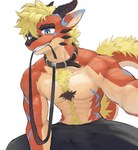2_horns anthro barazoku biped biting_leash black_bottomwear black_clothing black_pants blue_eyes bottomwear clothing collar fur horn leash leashed_collar male muscular muscular_anthro muscular_male pants shirtless_anthro shirtless_male solo yellow_body yellow_fur mazuqit european_mythology mythology fang_(fangsladedrum) dragon mythological_creature mythological_scalie scalie western_dragon hi_res