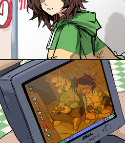 4_toes ambiguous_gender anthro bodily_fluids bottomwear brown_hair clothed clothing computer_monitor controller duo eyes_closed fake_horns feet fingers footwear hair hair_over_eyes hoodie horn long_hair male open_mouth pants sitting socks sweat sweatdrop toes topwear heartbreak_juan deltarune undertale undertale_(series) asriel_dreemurr kris_(deltarune) bovid caprine mammal hi_res adopted_(lore) adoptive_brother_(lore) adoptive_sibling_(lore)