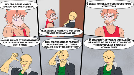 anthro bald biped clothed clothed_anthro clothed_human clothed_male clothing dialogue duo eyebrows green_clothing green_shirt green_topwear grey_background grey_clothing grey_jacket grey_topwear hair hand_behind_head jacket male markings neck_markings open_clothing open_jacket open_topwear orange_hair pink_body profanity raised_eyebrow red_clothing red_shirt red_tank_top red_topwear shirt short_hair simple_background speech_bubble talking_to_another tank_top text topwear fuegosonic93 cavemanon_studios goodbye_volcano_high ko_op_(game_developer) snoot_game anon_(snoot_game) reed_(gvh) dinosaur dromaeosaurid human mammal prehistoric_species reptile saurischian scalie theropod velociraptor 16:9 4k absurd_res colored comic english_text hi_res widescreen