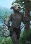 2022 5_fingers anthro athletic athletic_anthro athletic_male aurru black_nose brown_eyes canid canine canis clothed clothing day detailed_background digital_media_(artwork) domestic_dog fingers fur grey_body grey_fur hi_res hunting_dog irish_wolfhound male mammal nipples outside ribs sighthound sky smile solo topless topless_anthro topless_male yellow_eyes