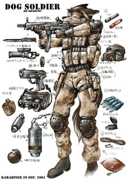 anthro biped blue_eyes clothing ears_back explosives gas_mask grenade gun knife male mask military military_uniform pivoted_ears ranged_weapon side_view solo standing text uniform weapon karabiner canid canine canis domestic_dog mammal 2001 japanese_text model_sheet translated