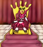 3_fingers 3_toes belly belt belt_accessory blue_eyes cape cape_only chair clothed clothing crown featureless_crotch feet fingers furniture grin headgear headwear horn king looking_at_viewer male mostly_nude open_mouth partially_clothed pointed_tail red_body red_skin royalty sitting smile solo tail throne throne_room toes white_belly white_body white_skin bluefer bandai_namco digimon digimon_fusion digimon_xros_wars digimon_(species) shoutmon shoutmon_(king_ver.) 2024 absurd_res colored_sketch hi_res sketch