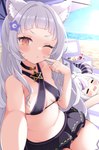 beach beverage bikini blush bodily_fluids bottomwear breasts clothing cooler female horn one_eye_closed seaside skirt sweat swimwear two-piece_swimsuit wink young young_female young_humanoid pocopocoing_(artist) hololive vtuber laplus_darkness murasaki_shion animal_humanoid horned_humanoid humanoid hi_res