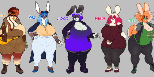 5_fingers anthro blue_eyes blue_hair boots bottomwear breasts brown_body brown_fur brown_hair choker cigarette cleavage clothed clothing dress eyebrows eyewear eyewear_on_head female fingers footwear fur glasses green_eyes grey_body grey_fur group hair hand_on_hip hand_on_own_hip high_heeled_boots high_heels jacket jewelry leggings legwear long_ears looking_at_viewer multicolored_body multicolored_fur multicolored_hair necklace orange_eyes orange_hair overalls overweight pants pink_hair purple_eyes purple_hair shirt shoes socks standing sunglasses sunglasses_on_head sweater t-shirt text text_on_clothing text_on_shirt text_on_topwear topwear two_tone_body two_tone_fur two_tone_hair wearing_sunglasses white_body white_fur white_hair mr.pink berri_(mr.pink) canela_(mr.pink) coco_(mr.pink) dulce_(mr.pink) raspberry_(mr.pink) lagomorph leporid mammal rabbit hi_res