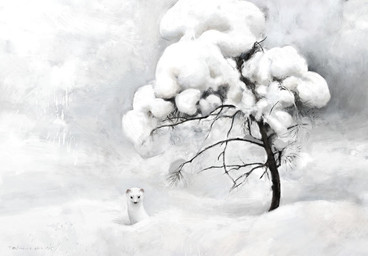 black_eyes black_nose dead_tree feral fur plant quadruped snow solo tree white_body white_fur winter renum63 mammal mustelid musteline true_musteline weasel 2015 artrage_(artwork) digital_media_(artwork)