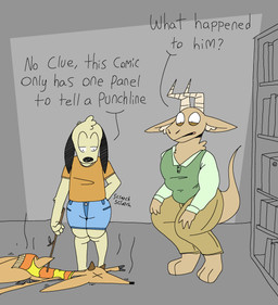 2_horns anthro black_body black_ears black_fur black_nose black_text blue_bottomwear blue_clothing blue_shorts book bookshelf bottomwear brown_horn clothing collared_shirt denim denim_bottomwear denim_clothing denim_shorts dialogue floppy_ears fur furniture green_clothing green_shirt green_topwear group hand_behind_back head_tuft holding_object holding_stick hooves horn inner_ear_fluff inside long_sleeve_shirt looking_at_another looking_down lying male narrowed_eyes on_front pants poncho poncho_only scratching shelf shirt shorts standing stick tail tan_body tan_bottomwear tan_clothing tan_fur tan_pants text topwear trio tuft x_eyes agusta reg_(agusta) stich_(agusta) bovid canid canine canis caprine domestic_dog goat mammal 2025 comic english_text hi_res one_panel_comic