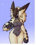 anthro anthrofied blue_background breasts featureless_breasts featureless_crotch female fur navel nude red_eyes simple_background smile solo wide_hips inget capcom monster_hunter lagombi lagomorph mammal primatius 2020 digital_media_(artwork)