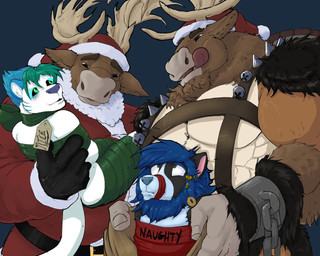 anthro antlers bell belt blue_background blue_body blue_fur bound brown_body brown_fur christmas_clothing christmas_headwear clothing costume fur green_eyes group hat headgear headwear holding_another holding_prey holidays horn imminent_vore krampus_costume licking licking_lips male male/male musclegut muscular naughty_and_nice nervous santa_costume santa_hat shackled_wrists simple_background size_difference smile tongue tongue_out white_body white_fur pandottermon christmas samson_baxter_(pandottermon) sebastian_baxter_(uncleseb) deer felid lion mammal new_world_deer pantherine reindeer tiger 2025 5:4 colored brother_(lore) brothers_(lore) sibling_(lore)
