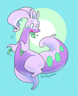 2_fingers 2_toes ambiguous_gender antennae_(anatomy) arms_bent biped blue_background circle_(marking) eyebrows feet feral fingers green_eyes green_markings light markings multicolored_body multicolored_skin multicolored_tail no_pupils on_one_leg open_mouth open_smile pink_antennae pink_body pink_skin pink_tail pink_tongue purple_body purple_eyebrows purple_skin purple_tail raised_leg semi-anthro simple_background slime smile solo standing tail tail_markings text thick_tail thin_eyebrows toes tongue wide_crotch themagicbrew nintendo pokemon generation_6_pokemon goodra pokemon_(species) 2024 artist_name colored digital_drawing_(artwork) digital_media_(artwork) full-length_portrait hi_res lighting portrait shaded