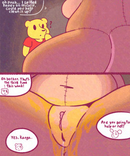 anthro anus belly big_breasts bodily_fluids bottomless breasts brown_body butt clothed clothing comic_panel dialogue dripping duo female food food_fetish food_play fur genital_fluids genitals honey_(food) imminent_cunnilingus imminent_oral male male/female mature_female nude plushie plushophilia shirt simple_background stitch_(sewing) tail text thick_thighs topwear vulva yellow_body jellybeankofi disney winnie_the_pooh_(franchise) kanga pooh_bear animate_inanimate bear kangaroo living_plushie macropod mammal marsupial 5:6 absurd_res adversarial_noise comic digital_drawing_(artwork) digital_media_(artwork) english_text hi_res