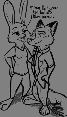 3_toes 4_fingers accessory anthro bodily_fluids buckteeth dialogue duo feet female fingers hand_in_pocket hand_on_hip hand_on_shoulder male male/female necktie pockets simple_background speech_bubble sweat teeth text toes wide_eyed conditional_dnp tangerine_(artist) disney zootopia nick_wilde canid canine fox hare lagomorph leporid mammal red_fox true_fox 2022 absurd_res english_text hi_res monochrome