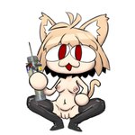 blonde_hair breasts clothed clothing female hair legwear looking_at_viewer navel nipples open_mouth partially_clothed pipe_bomb red_eyes simple_background solo tail thigh_highs white_background bav tsukihime type-moon neco-arc felid humanoid mammal