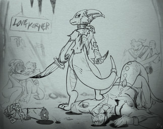 angry anthro blood bodily_fluids butt chain claws clothing collar death digitigrade dismemberment female gore group male melee_weapon scared sitting slave sword text torn_clothing weapon dep kobold lizard reptile scalie 2018 adobe_photoshop_(artwork) digital_media_(artwork) hi_res url