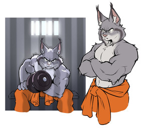 angry anthro biceps clothed clothing exercise male muscular muscular_male prison_cell prison_uniform solo topless weightlifting weights workout anjing_kampuss disney zootopia pawbert_lynxley canada_lynx felid feline lynx mammal hi_res