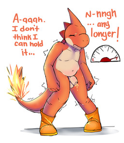 anthro balls bodily_fluids boots clothing dialogue eyes_closed fire fist flaming_tail footwear foreskin genital_fluids genitals male meter nude open_mouth orange_body peeing penis shaking shoes simple_background solo standing tail text urine watersports raveneevee fakemon mario_bros nintendo pokemon charmeleon generation_1_pokemon hybrid pokemon_(species) reptile scalie yoshi absurd_res digital_media_(artwork) english_text hi_res