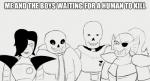 armor bangs bone clothing eye_patch eyewear group humor machine skeleton smile sweater text topwear jeffthehusky me_and_the_boys undertale undertale_(series) mettaton papyrus_(undertale) sans_(undertale) undyne animated_skeleton fish humanoid marine robot undead english_text impact_(font) meme monochrome