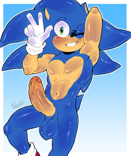anthro balls blue_body blush clothing erection footwear genitals gesture gloves gradient_background green_eyes hand_gesture handwear humanoid_genitalia humanoid_penis male one_eye_closed penis raised_arm shoes simple_background smile solo tail teeth v_sign vein veiny_penis wink polarisart sega sonic_the_hedgehog_(series) sonic_the_hedgehog eulipotyphlan hedgehog mammal 2026 absurd_res digital_drawing_(artwork) digital_media_(artwork) hi_res
