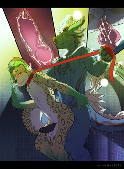 against_surface against_wall anal anal_knotting anal_penetration anthro balls bathroom biceps big_muscles big_penis black_bars black_penis blue_body bodily_fluids close-up collar cum cum_in_ass cum_inside dominant dominant_male duo ear_piercing erection feathers from_behind_position fur genital_fluids genitals green_eyes hand_on_head head_grab horn humanoid_genitalia humanoid_penis internal interspecies knot knotting larger_dom larger_male leash leash_pull magic male male/male male_penetrated male_penetrating male_penetrating_male markings muscular muscular_male nipples nude pecs penetration penis piercing sex shower size_difference smaller_male standing submissive submissive_male tail vein veiny_knot veiny_penis wet redrusker black-rose-exterio mythology exterio canid canine canis domestic_dog dragon effulgent_dragon furred_dragon furred_scalie mammal mythological_creature mythological_scalie scalie 2013 digital_media_(artwork) hi_res letterbox
