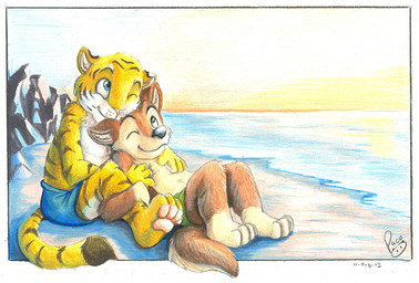 anthro anthro_on_anthro beach black_nose blue_eyes brown_body brown_fur closed_smile clothed clothing duo fur glistening glistening_eyes green_eyes hug hugging_another hugging_from_behind logo male male/male male_anthro markings mouth_closed orange_sky pink_nose reclining rock sitting sky smile striped_arms striped_body striped_fur striped_legs striped_markings striped_tail stripes sunset tail tail_markings tan_body tan_fur topless water yellow_body yellow_fur young young_anthro young_male pandapaco mutt_(wagnermutt) canid canine canis domestic_dog felid mammal pantherine tiger 2013 artist_logo dated signature