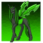 black_body border fangs female feral green_eyes green_hair hair hole_(anatomy) horn solo teeth unicorn_horn white_border foxenawolf friendship_is_magic goldfur's_cogsverse hasbro my_little_pony arthropod changeling 1:1