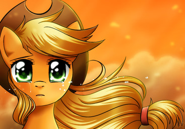 blonde_hair bodily_fluids clothing cloud cowboy_hat crying female feral freckles fur green_eyes hair hat headgear headwear looking_at_viewer open_mouth orange_body orange_fur orange_sky outside sky solo tears wind princesssilverglow friendship_is_magic hasbro my_little_pony applejack_(mlp) earth_pony equid equine horse mammal pony