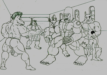 abs anthro backsack balls butt circumcised flaccid foreskin genitals group half-erect humanoid_genitalia humanoid_penis imminent_rape imminent_sex male male/male muscular penis unknown_artist extinctioners ape equid equine gorilla haplorhine horse mammal primate absurd_res hi_res source_request
