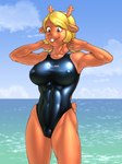 2023 abs absurd_res anthro antlers beach big_breasts black_clothing black_one-piece_swimsuit black_swimwear blonde_hair breasts brown_body buckteeth buffbumblebee camel_toe clothed clothing cloud deer deltarune digital_media_(artwork) doe_with_antlers eyebrow_through_hair eyebrows female freckles hair hands_behind_head hi_res horn mammal muscular muscular_anthro muscular_female muscular_thighs new_world_deer nipple_outline noelle_holiday one-piece_swimsuit outside portrait reindeer scut_tail sea seaside short_tail sky solo sport_swimsuit standing swimwear tail teeth three-quarter_portrait tight_clothing translucent translucent_hair undertale_(series) water