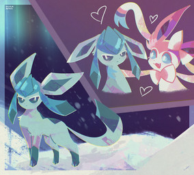 ambiguous_gender aurora_(phenomenon) blue_body blue_eyes blue_fur bow_(anatomy) duo fangs feral fur heart_symbol open_mouth paws pink_body pink_fur ribbons_(anatomy) simple_background snow solo tail teeth white_body mrh2o2 nintendo pokemon eeveelution generation_4_pokemon generation_6_pokemon glaceon pokemon_(species) sylveon 2025 dated hi_res signature