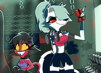 anthro black_bottomwear black_clothing black_shorts blood blood_splatter bodily_fluids bottomwear boxing_gloves bra breasts cellphone choker cleavage clothed clothed_anthro clothed_female clothed_humanoid clothing collar dumbbell dumbells duo electronics eye_contact eyebrow_piercing eyelashes facial_piercing female female_anthro female_humanoid fur glowing glowing_eyes grey_body grey_fur gymnasium hair hair_over_eye handwear holding_cellphone holding_dumbbell holding_object holding_phone holding_smartphone horn inside jewelry larger_anthro larger_female long_eyelashes looking_at_another markings midriff mole_(marking) necklace phone piercing punching_bag pupils purple_bra purple_clothing purple_sports_bra purple_underwear red_body red_bra red_clothing red_sclera red_skin red_sports_bra red_underwear shorts size_difference slit_pupils smaller_female smaller_humanoid smartphone smile spiked_collar spikes sports_bra tail teeth tooth_gap underwear weights white_body white_eyes white_fur yellow_sclera starpaintart hellaverse helluva_boss mythology loona_(helluva_boss) millie_(helluva_boss) canid canid_demon canine demon hellhound humanoid imp mammal mythological_canine mythological_creature 2024