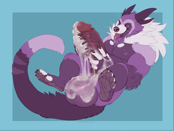 5_fingers 5_toes anthro balls biceps big_balls big_penis biped black_claws black_finger_claws black_toe_claws blue_background blush blush_lines bodily_fluids claws countershade_face countershade_fur countershade_torso countershading cum cum_on_balls cum_on_hand cum_on_own_balls cum_on_own_hand cum_on_own_penis cum_on_penis cum_on_self ejaculation erection excessive_cum excessive_genital_fluids feet finger_claws fingerless_(marking) fingerpads fingers foreskin fur genital_fluids genitals glans hand_on_own_penis hand_on_penis huge_balls huge_penis humanoid_genitalia humanoid_hands humanoid_penis hyper hyper_balls hyper_genitalia hyper_penis looking_at_genitalia looking_at_own_penis looking_at_penis looking_at_self lying male male_anthro masturbation multicolored_body multicolored_fur muscular muscular_anthro muscular_male narrowed_eyes neck_tuft nipples nude nude_anthro nude_male on_back pawpads pecs penile penile_masturbation penis pink_glans pink_tongue plantigrade purple_body purple_eyes purple_fur purple_nose retracted_foreskin simple_background smile soles solo sweat tail text three-quarter_view toe_claws toeless_(marking) toes tongue tongue_out tuft two-handed_masturbation vein veiny_penis whisker_spots whiskers white_body white_fur xenoforge bento_(character) binturong mammal viverrid 4:3 artist_name digital_drawing_(artwork) digital_media_(artwork) flat_colors full-length_portrait portrait