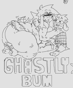 anthro anthro_on_anthro big_breasts big_butt black_eyes bodily_fluids breasts butt clothed clothing duo eyelashes eyewear female female_anthro fur glasses grin hair huge_butt huge_thighs intraspecies looking_at_viewer male male/female male_anthro overweight short_tail side_view slightly_chubby smile sweat sweatdrop tail tail_motion tailwag teeth text thick_thighs toothy_grin wearing_glasses ghastlybum edna_(ghastlybum) canid canine canis domestic_dog mammal monochrome