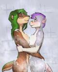 4:5 anthro band-aid band-aid_on_face band-aid_on_nose bandage bandage_on_face bandage_on_nose breast_squish breasts breasts_frottage brown_body brown_fur countershading domestic_ferret duo embarrassed eris_(tiger_blueberry) female female/female fur green_hair grey_body grey_fur hair hi_res mammal murid murine mustelid musteline purple_hair rat rodent shy simple_background spa squish stoat tiger_blueberry true_musteline weasel wet wet_hair