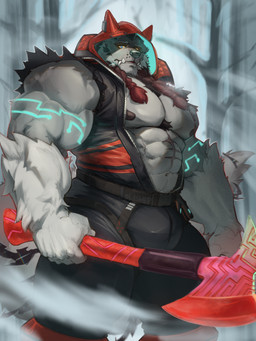 abs anthro areola armband_markings axe bald_tree barazoku biceps biped black_bottomwear black_clothing black_hair black_jacket black_pants black_topwear blue_eyes blue_markings boots bottomwear chest_scar chest_tuft clothed clothing deltoids footwear forest fur gloves_(marking) grey_body grey_fur hair harness holding_axe holding_object jacket male male_anthro markings multicolored_body multicolored_fur muscular muscular_anthro muscular_male navel nipples open_clothing open_jacket open_topwear pants pecs plant red_axe red_boots red_clothing red_footwear red_hood scar shoes solo text topwear torn_sleeves tree triceps tuft two_tone_body two_tone_fur white_body white_fur winter yellow_sclera oldshep lifewonders tokyo_afterschool_summoners red_hood_(tas) canid canine canis mammal wolf 2026 artist_name hi_res