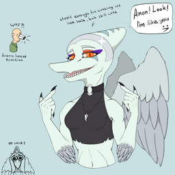 anthro black_clothing black_crop_top black_shirt black_topwear blue_body bone bone_frill breasts bulging_eyes choker claws clothed clothed_anthro clothed_female clothed_human clothed_male clothing crop_top cutaway dialogue duo elbow_feathers eyelashes feathered_wings feathers female finger_claws fingers frill_(anatomy) front_view gesture green_clothing green_jacket green_topwear grey_body grey_feathers grey_hair hair hand_gesture humanoid_hands jacket jewelry long_eyelashes male markings necklace non-mammal_breasts o-ring open_mouth pointing pointing_at_self shirt short_hair skull small_breasts speech_bubble striped_markings stripes talking_to_another text topwear wings lorikani cavemanon_studios goodbye_volcano_high ko_op_(game_developer) no_bitches? snoot_game anon_(snoot_game) fang_(gvh) human mammal prehistoric_species pterosaur reptile scalie 1:1 absurd_res colored english_text hi_res meme shaded