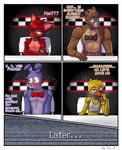 2022 anthro avian bear bird bonnie_(fnaf) bow_tie brown_text canid canine chica_(fnaf) chicken comic dialogue digital_media_(artwork) ellipsis english_text exclamation_point female fingers five_nights_at_freddy's fox foxy_(fnaf) freddy_(fnaf) furniture galliform gallus_(genus) group hi_res lagomorph leporid male male/female mammal nervous nervous_smile nervous_sweat phasianid purple_text question_mark rabbit red_text scottgames table text transition yerolay