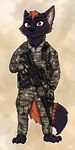 3_toes 4_fingers air_force anthro black_body black_fur clothing feet fingers fur male military_uniform orange_body orange_fur red_eyes solo toes uniform ziegelzeig mach_(operatormach) canid canine fox mammal 2021 hi_res