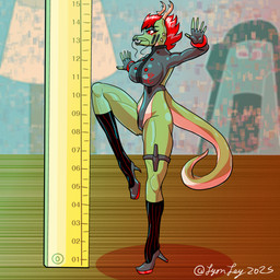 anthro bare_legs big_breasts black_clothing black_footwear black_leotard black_makeup black_socks breasts clothing female fingerless_gloves footwear gloves green_body green_scales hair handwear high_heels horn knife leotard makeup martial_arts_pose metric_unit micro multicolored_body multicolored_scales office_desk partially_clothed_female red_eyes red_hair ruler scales shoes smile socks solo tan_body tan_scales thong_leotard two_tone_body two_tone_scales lyonley mythology bras_(petruz) dragon mythological_creature mythological_scalie scalie 1:1 hi_res