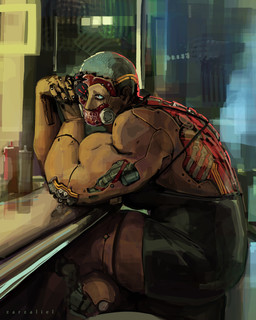 1_eye angst bar bare_shoulders big_breasts body_horror breasts clothed clothing colored_nails cybernetics cyberpunk dress female hair interlocked_fingers looking_at_viewer machine muscular muscular_arms muscular_female nails not_furry open_back_dress short_hair solo thick_thighs translucent translucent_body translucent_skin zarzaliel android cyborg human mammal robot 4:5 absurd_res hi_res