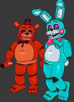 3_toes 4_fingers anthro black_bow_tie bow_tie buckteeth clothing confusion duo electronics eyebrows eyelashes eyeshadow feet fingers glistening glistening_body green_eyelashes green_sclera grey_background hat headgear headwear holding_microphone holding_object looking_at_viewer machine makeup male microphone open_mouth open_smile orange_body orange_eyelashes orange_sclera purple_eyeshadow raised_eyebrow red_bow_tie scut_tail short_tail simple_background smile smiling_at_viewer tail teal_body teeth toes top_hat white_eyes cryptiacurves cryptiacurves_(modeler) five_nights_at_freddy's five_nights_at_freddy's_2 scottgames toy_bonnie_(fnaf) toy_freddy_(fnaf) animatronic bear lagomorph leporid mammal rabbit robot robot_anthro 2023 3d_(artwork) cel_shading digital_media_(artwork) full-length_portrait portrait shaded