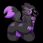 anthro backsack balls bent_over butt butt_focus claws fur genitals glistening glistening_butt hand_on_butt machine male narrowed_eyes open_mouth purple_balls purple_body purple_eyes purple_fur purple_mouth raised_tail tail text enoopycat protogen english_text hi_res