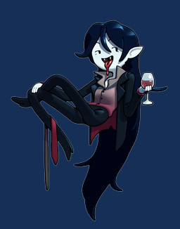 alcohol beverage black_hair bodily_fluids clothing container cup drinking_glass drooling fangs female glass glass_container glass_cup hair jacket long_hair necktie not_furry saliva shirt smile solo suit teeth toony topwear wine wine_glass discount-supervillain adventure_time cartoon_network marceline_abadeer demon humanoid vampire hi_res