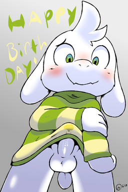 anthro ball_tuft balls blush bodily_fluids bottomless bottomless_anthro bottomless_male clothed clothing erection erection_under_clothing erection_under_shirt erection_under_topwear fur genital_fluids genitals green_clothing green_eyes green_sweater green_topwear grey_background humanoid_genitalia humanoid_penis long_ears looking_at_viewer low-angle_view male nervous nervous_smile pattern_clothing pattern_sweater pattern_topwear penis precum precum_on_penis precum_through_clothing shota simple_background smile solo striped_clothing striped_sweater striped_topwear stripes sweater tail tenting text topwear tuft wet wet_clothing white_balls white_body white_ears white_fur white_nose white_penis white_tail worm's-eye_view young young_anthro anonymous_artist undertale undertale_(series) asriel_dreemurr boss_monster_(undertale) bovid caprine goat mammal 2020 digital_media_(artwork) english_text hi_res signature