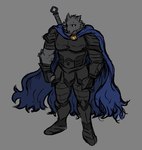 amber_eyes anthro armor black_clothing cape clothing dark_armor dark_clothing fur grey_body grey_fur male muscular muscular_male scar solo dynogreeno wulfgard canid canine canis mammal wolf hi_res