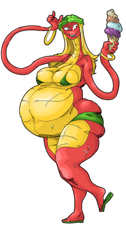anthro belly big_belly bikini blonde_hair breasts clothing dessert female food hair ice_cream overweight red_body simple_background solo swimwear two-piece_swimsuit white_background grindaviking nightmarebros scalie_schoolie esmerelda_(scalie_schoolie) reptile scalie snake 2018