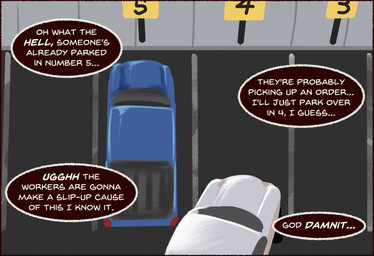 bird's-eye_view car dialogue high-angle_view overhead_view parking_lot parking_sign parking_space profanity speech_bubble text vehicle zero_pictured daxhush english_text hi_res